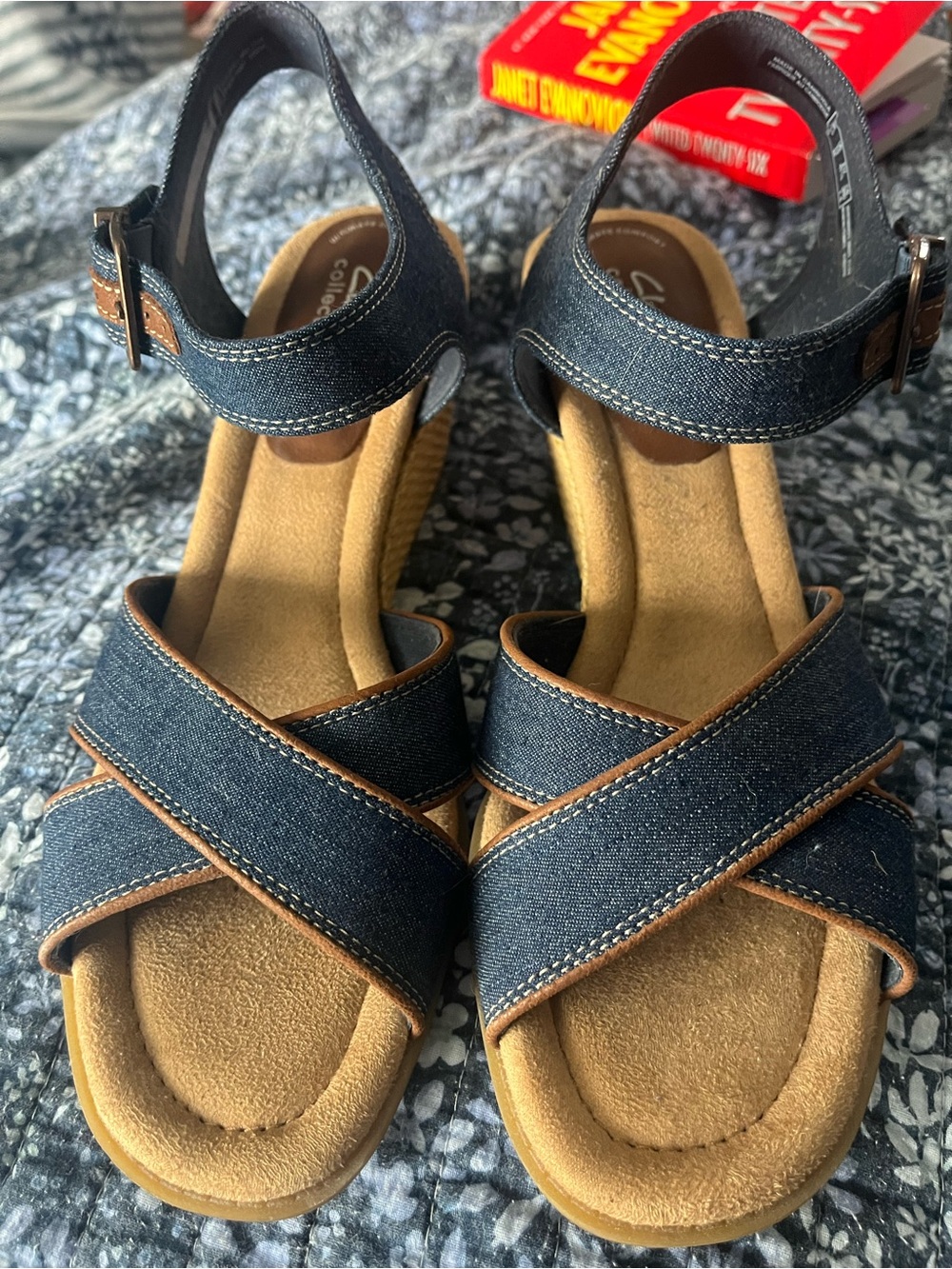 Clarks Denim Blue Cross-Strap Wedge Sandals